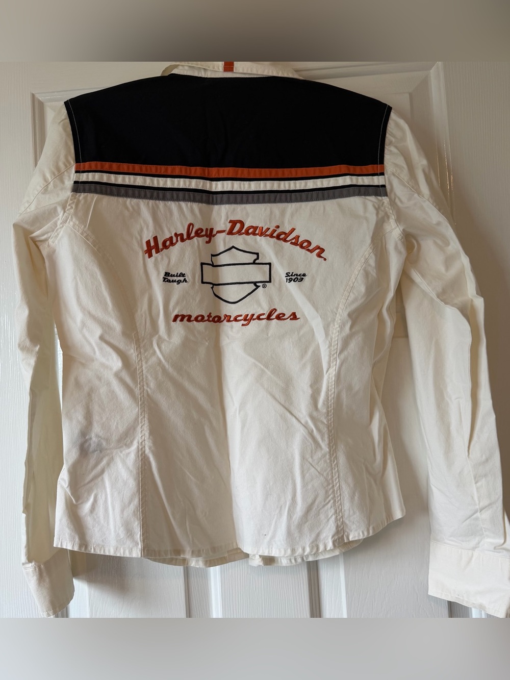Harley-Davidson Cream Button up Shirt with Orange & Black Embroidery